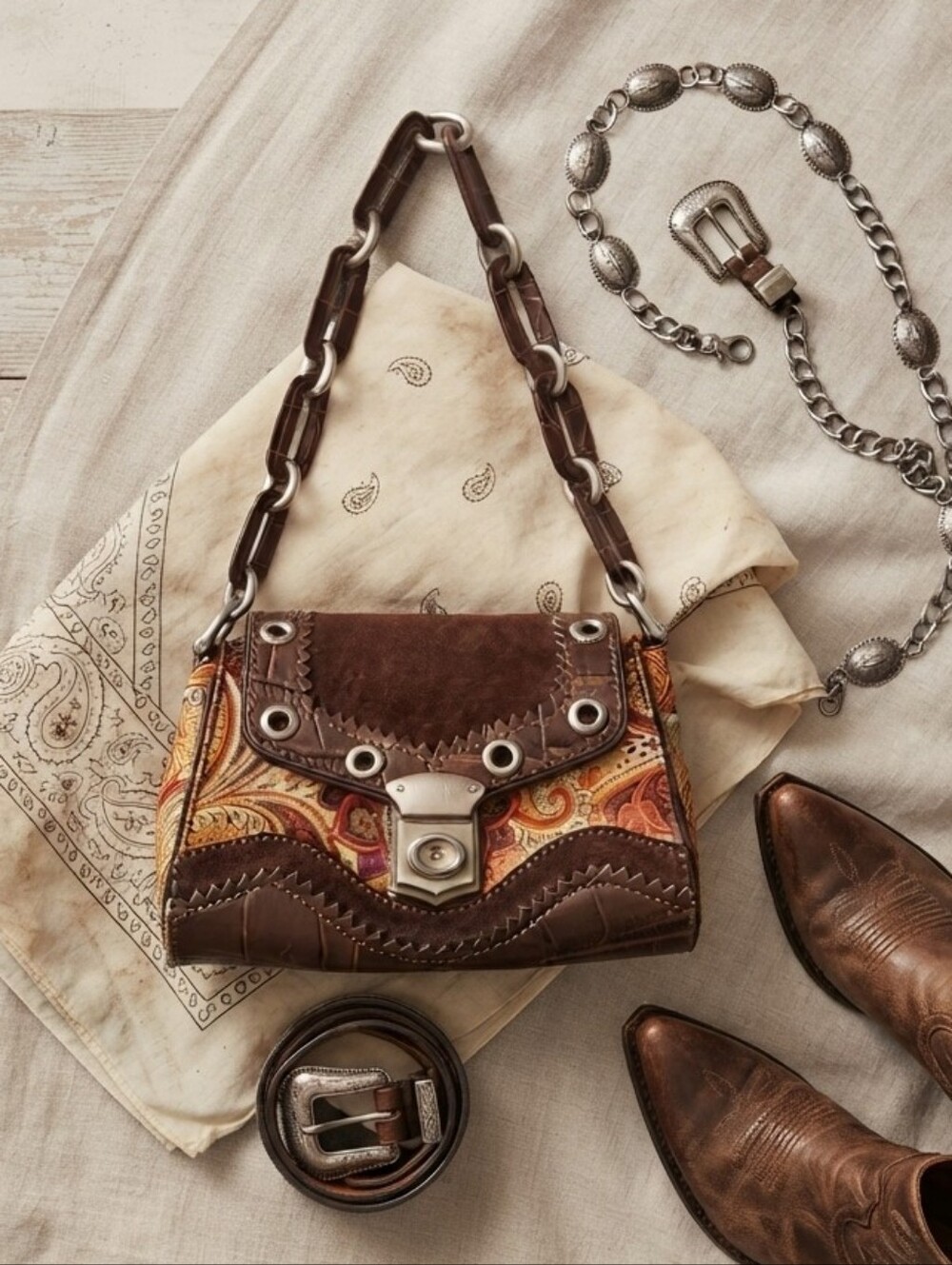 Y2K Maxximum Brown Red Paisley Print Shoulder Bag Purse